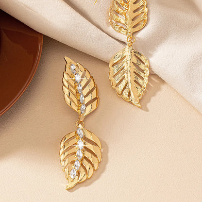 1 Pair Retro Roman Style Leaf Plating Inlay Alloy Zircon Drop Earrings