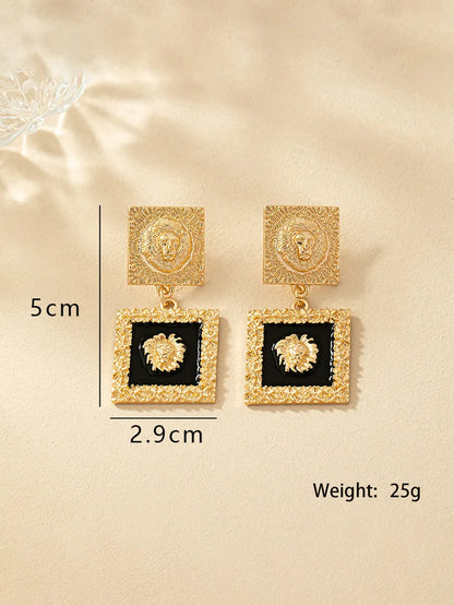 1 Pair Retro Roman Style Quadrilateral Lion Patchwork Alloy Drop Earrings