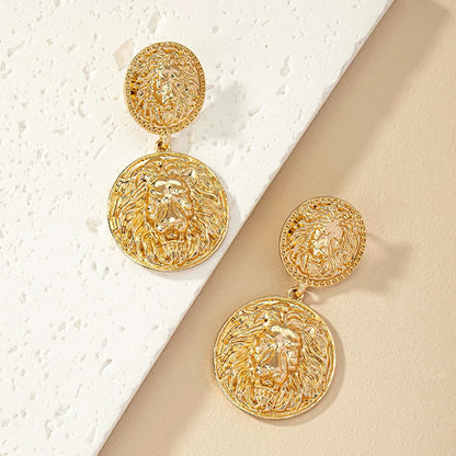 1 Pair Retro Roman Style Round Lion Plating Alloy Drop Earrings