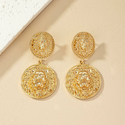 1 Pair Retro Roman Style Round Lion Plating Alloy Drop Earrings