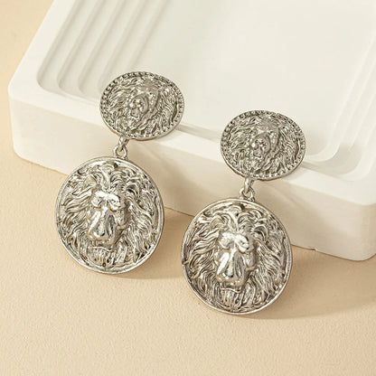 1 Pair Retro Roman Style Round Lion Plating Alloy Drop Earrings