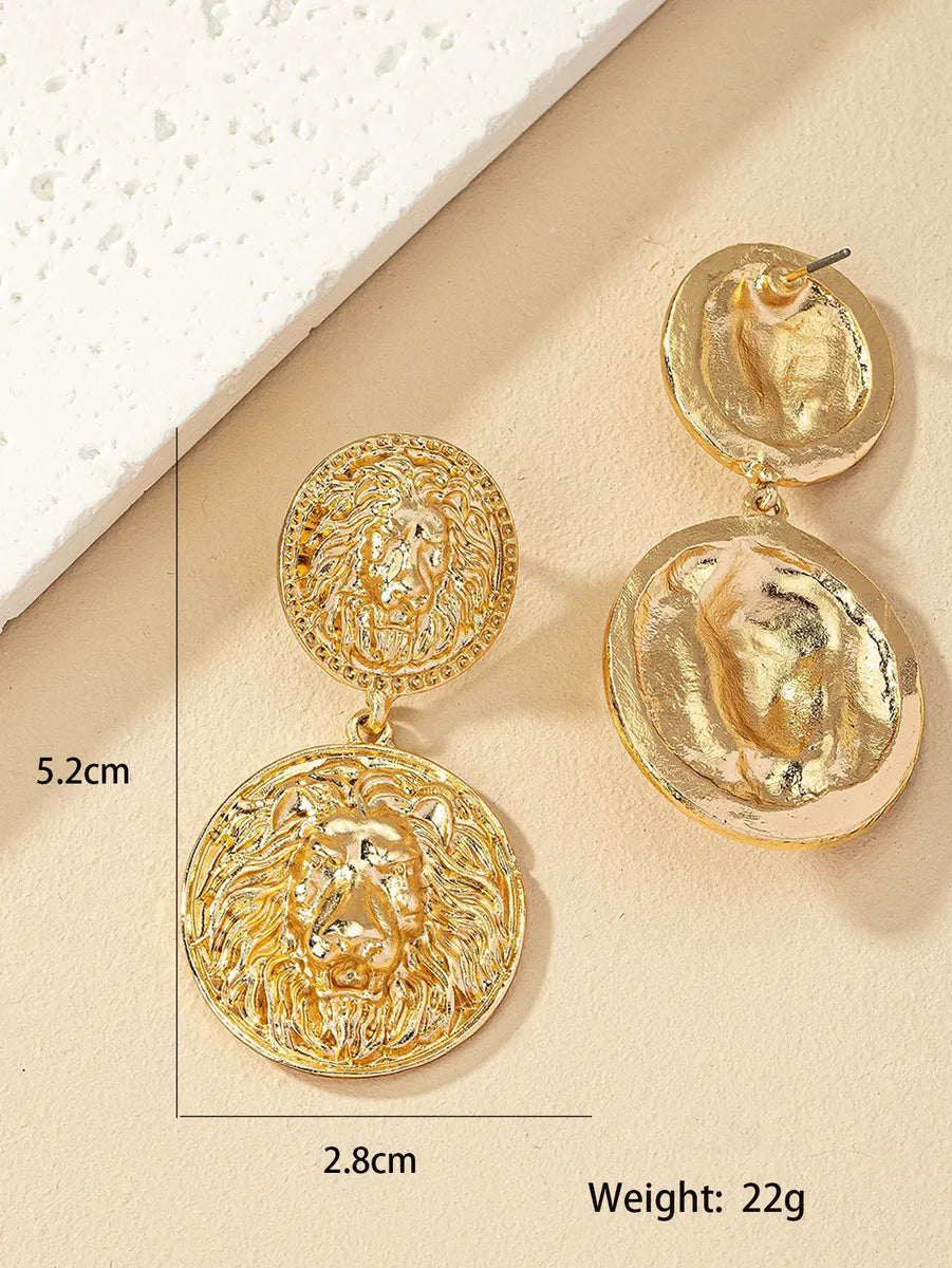 1 Pair Retro Roman Style Round Lion Plating Alloy Drop Earrings