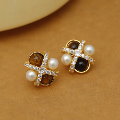 1 Pair Retro Round Enamel Inlay Copper Pearl Tiger Eye Zircon 18K Gold Plated Ear Studs