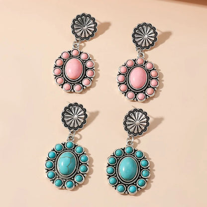 1 Pair Retro Round Inlay Alloy Turquoise Drop Earrings