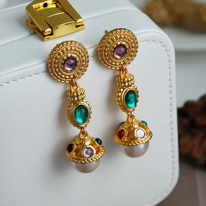 1 Pair Retro Round Inlay Copper Pearl Zircon 18K Gold Plated Drop Earrings