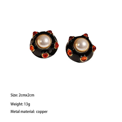 1 Pair Retro Round Inlay Copper Pearl Zircon 18K Gold Plated Ear Studs