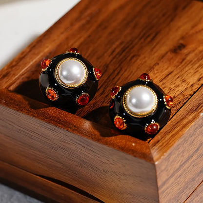 1 Pair Retro Round Inlay Copper Pearl Zircon 18K Gold Plated Ear Studs