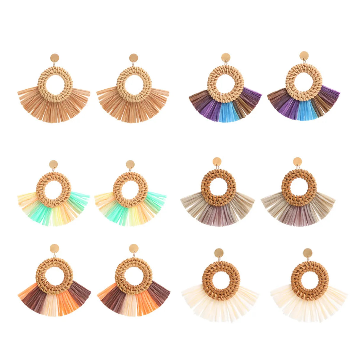 1 Pair Retro Round Sector Raffia Rattan Drop Earrings