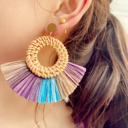 1 Pair Retro Round Sector Raffia Rattan Drop Earrings