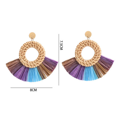 1 Pair Retro Round Sector Raffia Rattan Drop Earrings