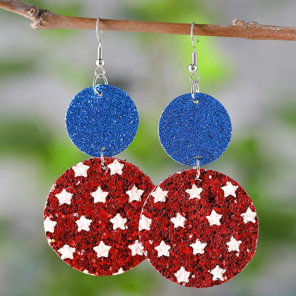 1 Pair Retro Round Star Sequins Pu Leather Drop Earrings