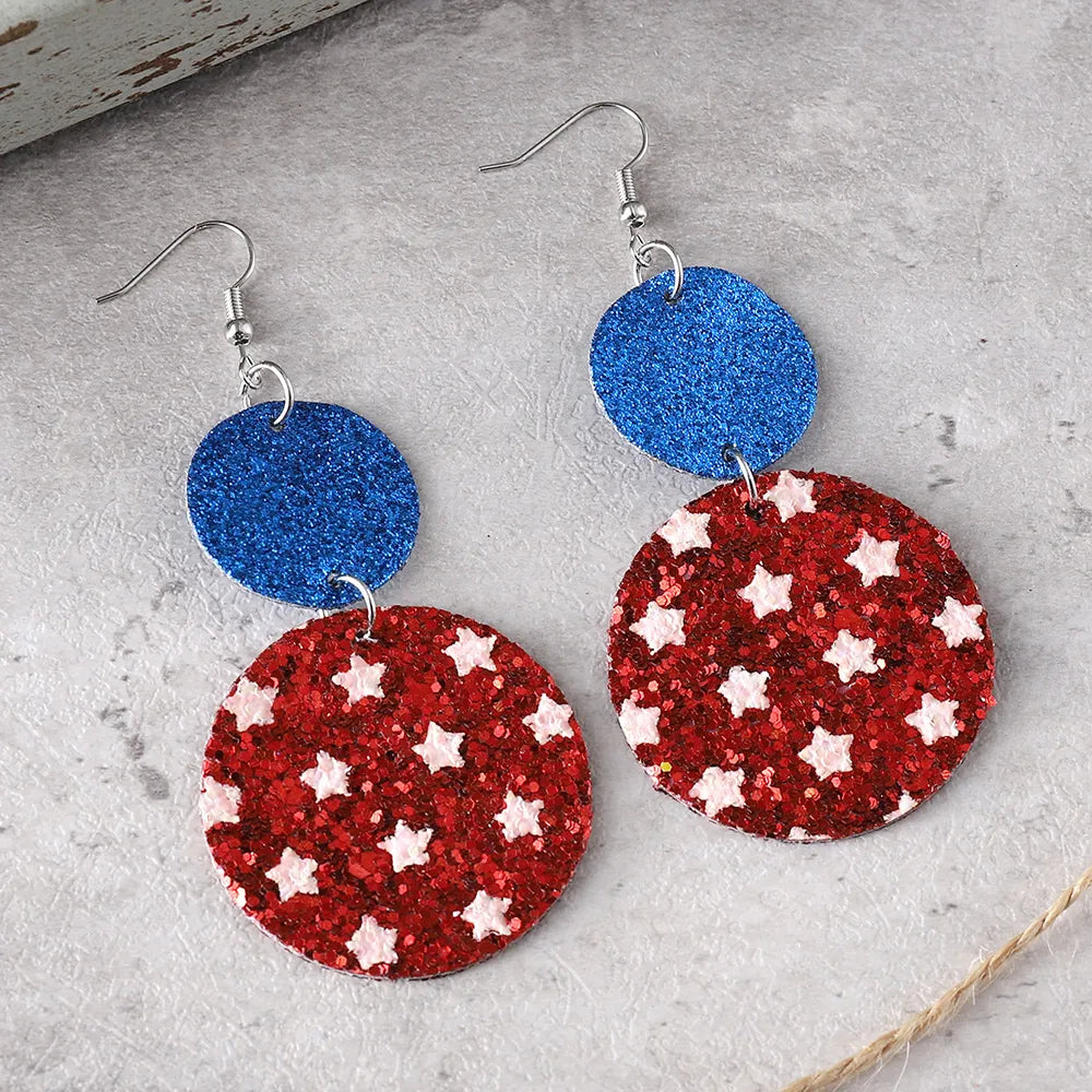 1 Pair Retro Round Star Sequins Pu Leather Drop Earrings