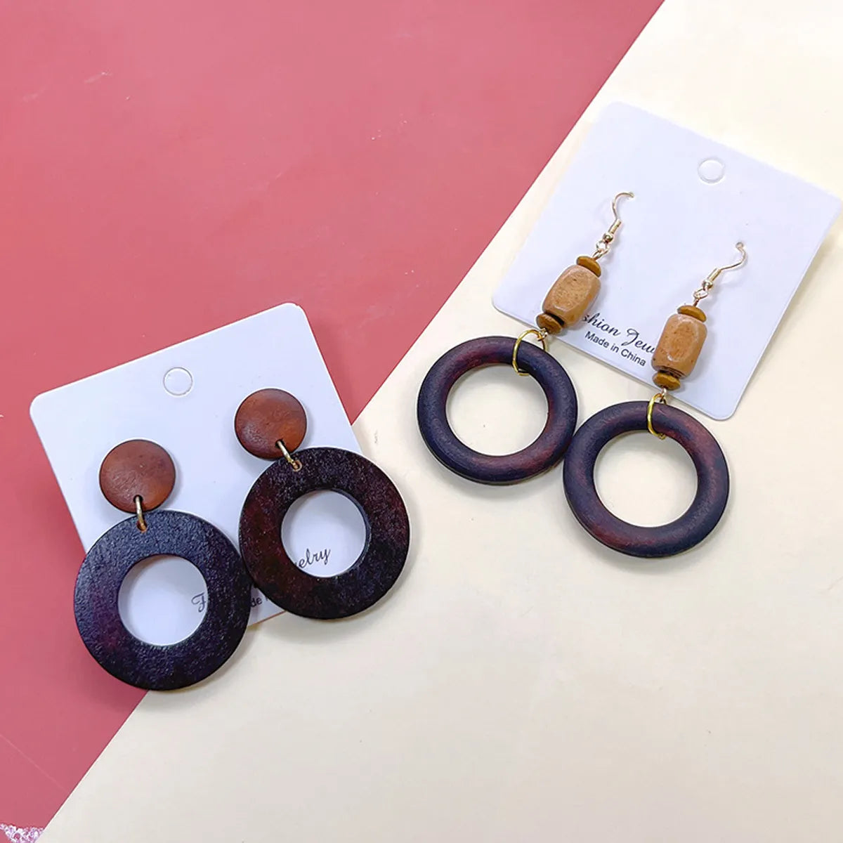 1 Pair Retro Round Water Droplets Hollow Out Wood Drop Earrings