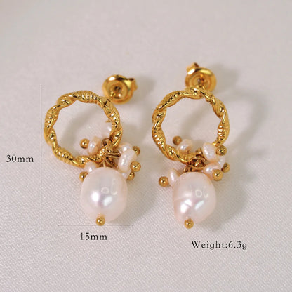 1 Pair Retro Sexy French Style Circle Shell Inlay 304 Stainless Steel Pearl Drop Earrings