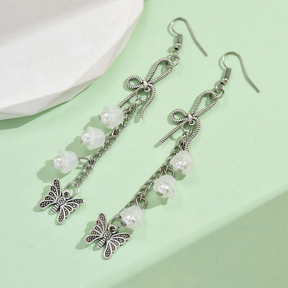 1 Pair Retro Simple Style Butterfly Bow Knot Pearl Alloy Drop Earrings