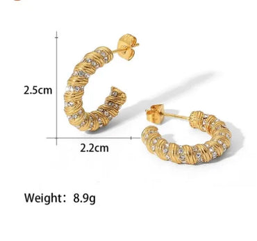 1 Pair Retro Simple Style C Shape Plating 304 Stainless Steel Titanium Steel Rhinestones 18K Gold Plated Ear Studs