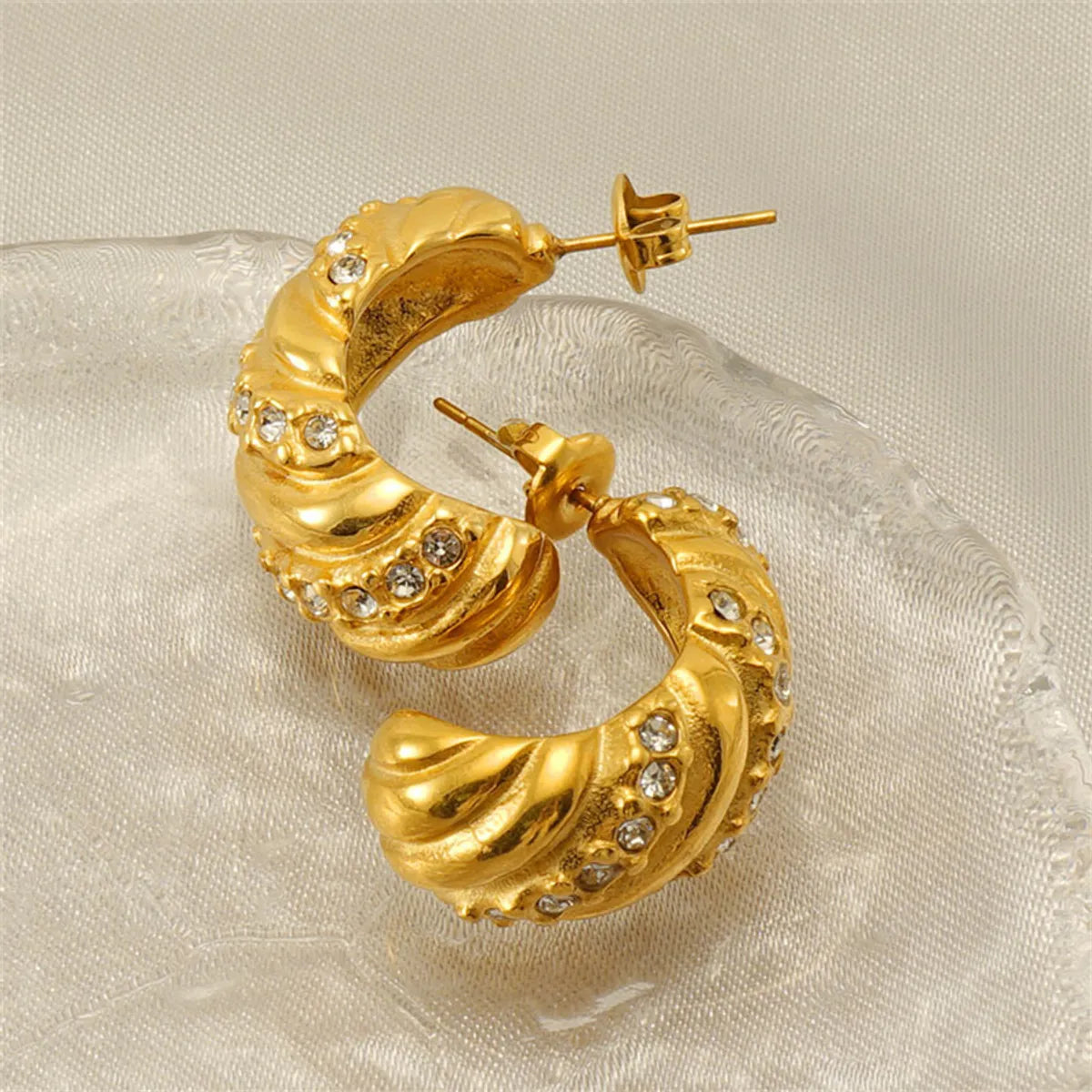 1 Pair Retro Simple Style C Shape Twist Plating Inlay Stainless Steel Zircon 18k Gold Plated Ear Studs