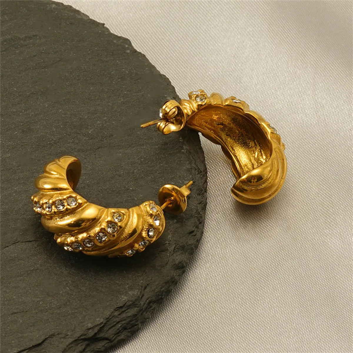 1 Pair Retro Simple Style C Shape Twist Plating Inlay Stainless Steel Zircon 18k Gold Plated Ear Studs