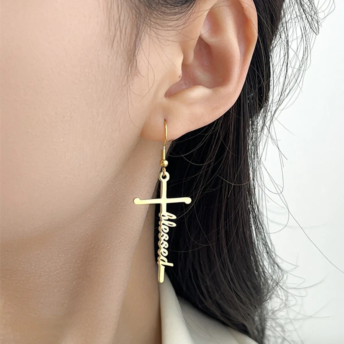 1 Pair Retro Simple Style Cross Letter Titanium Steel Drop Earrings