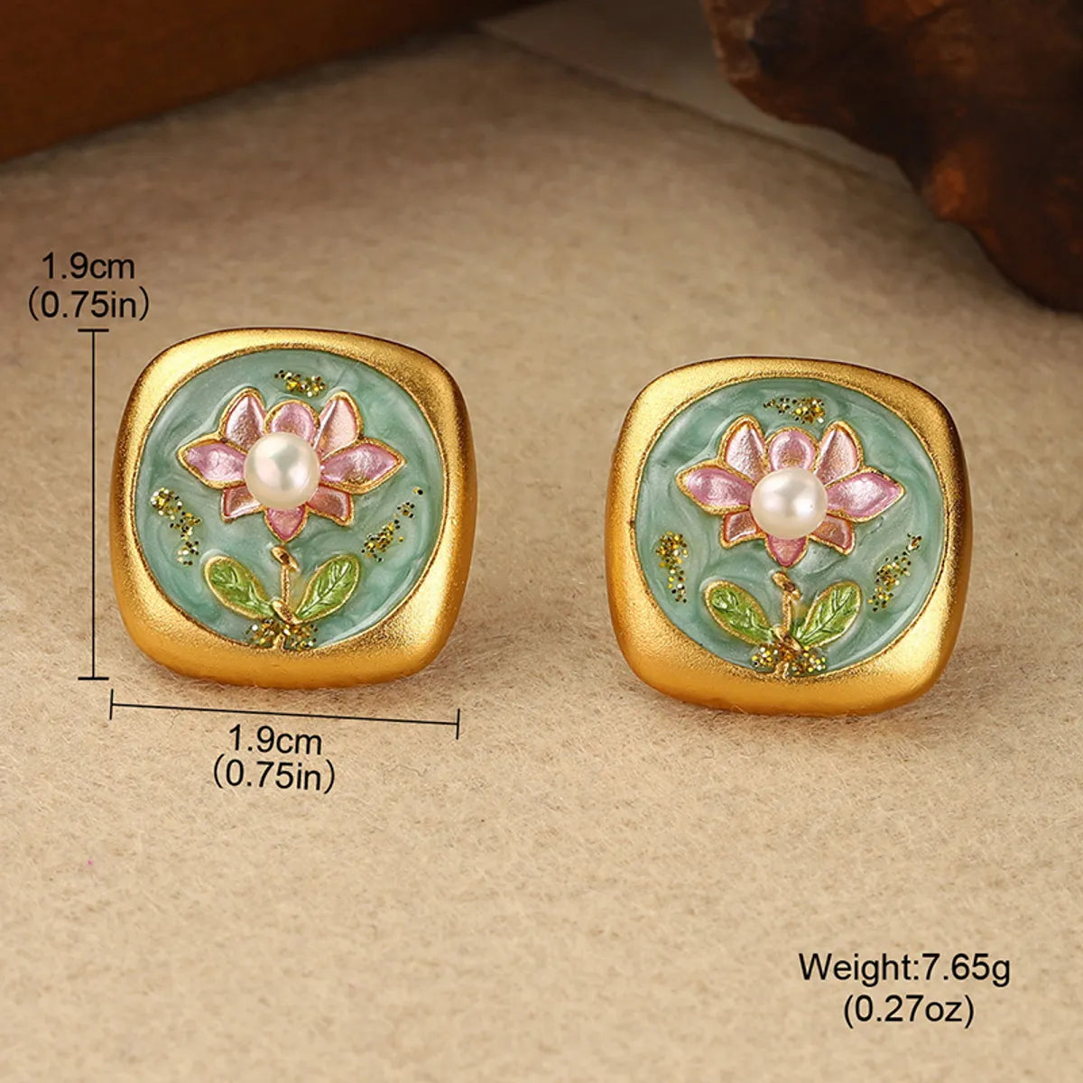 1 Pair Retro Simple Style Flower Lotus Lacquer Painting Inlay Alloy Copper Natural Pearl Zircon 18K Gold Plated Ear Studs