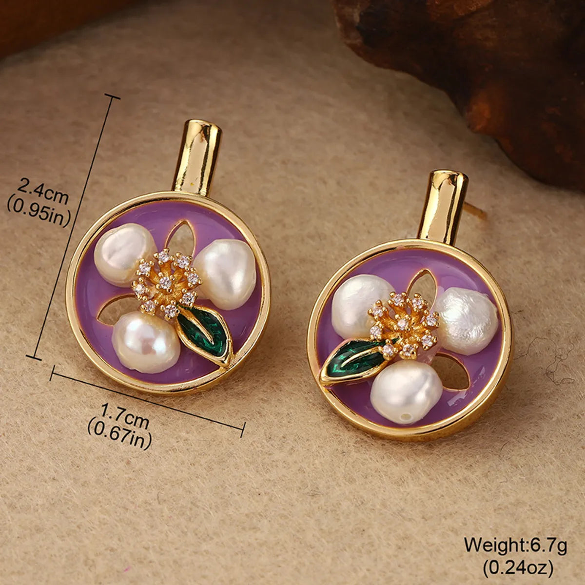 1 Pair Retro Simple Style Flower Lotus Lacquer Painting Inlay Alloy Copper Natural Pearl Zircon 18K Gold Plated Ear Studs