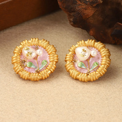 1 Pair Retro Simple Style Flower Lotus Lacquer Painting Inlay Alloy Copper Natural Pearl Zircon 18K Gold Plated Ear Studs