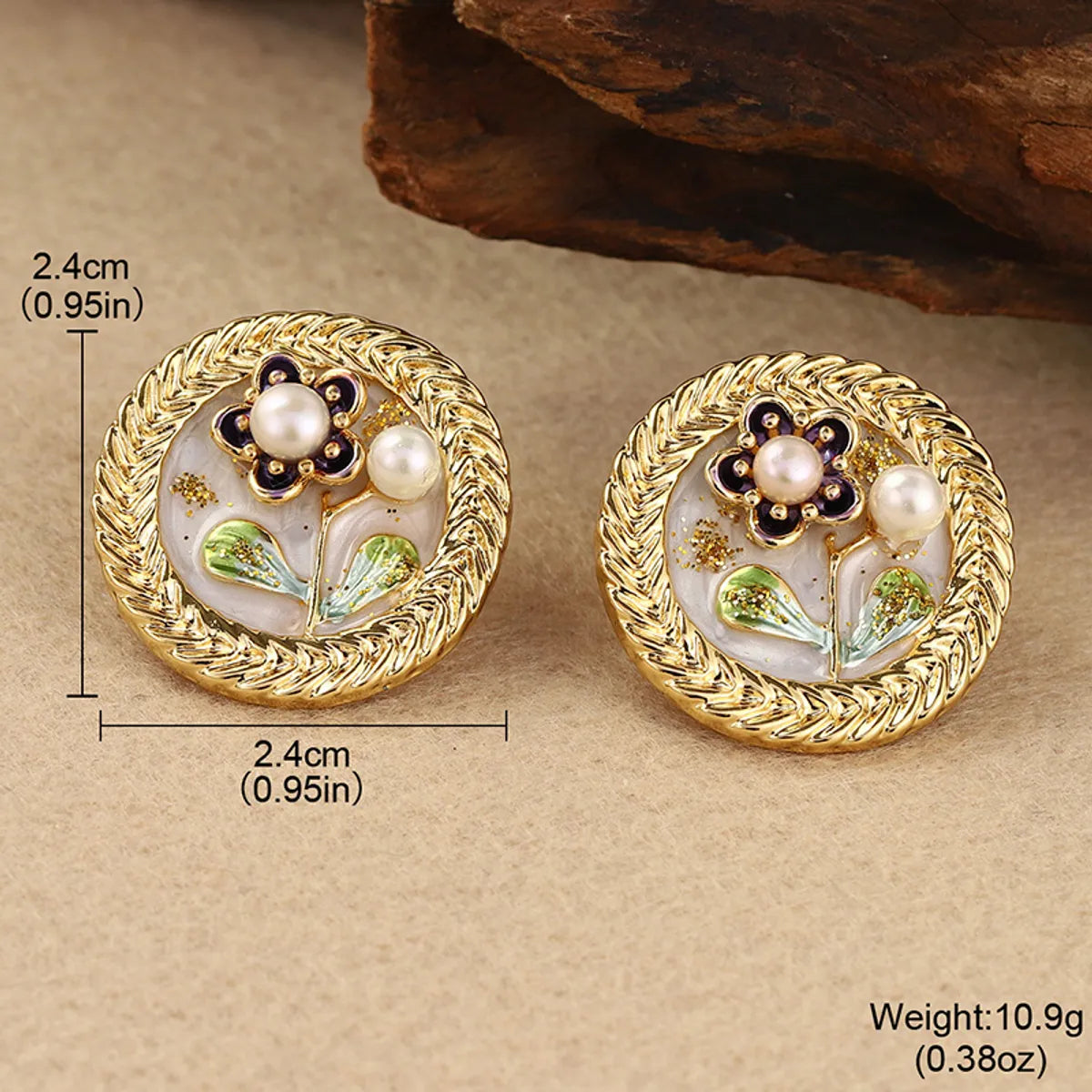 1 Pair Retro Simple Style Flower Lotus Lacquer Painting Inlay Alloy Copper Natural Pearl Zircon 18K Gold Plated Ear Studs