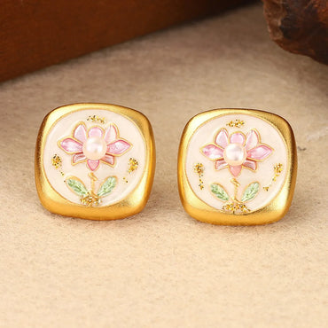 1 Pair Retro Simple Style Flower Lotus Lacquer Painting Inlay Alloy Copper Natural Pearl Zircon 18K Gold Plated Ear Studs