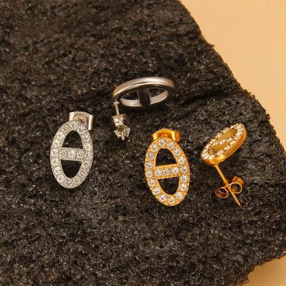 1 Pair Retro Simple Style Oval Inlay 304 Stainless Steel 316 Stainless Steel  Rhinestones 18K Gold Plated Ear Studs