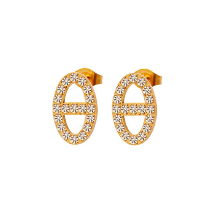 1 Pair Retro Simple Style Oval Inlay 304 Stainless Steel 316 Stainless Steel  Rhinestones 18K Gold Plated Ear Studs