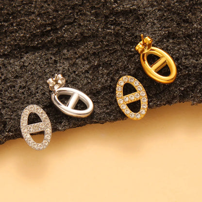 1 Pair Retro Simple Style Oval Inlay 304 Stainless Steel 316 Stainless Steel  Rhinestones 18K Gold Plated Ear Studs