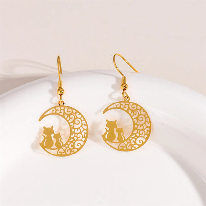 1 Pair Retro Simple Style Round Peacock Leaves Plating Stainless Steel 18k Gold Plated Drop Earrings