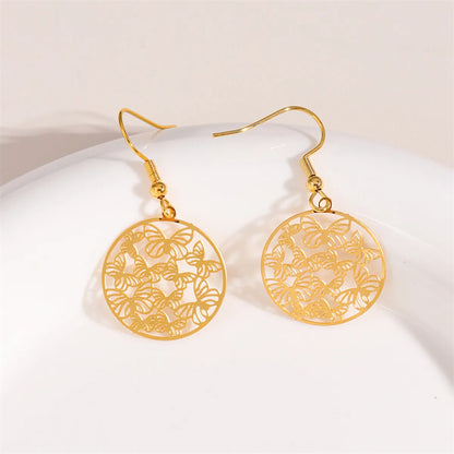 1 Pair Retro Simple Style Round Peacock Leaves Plating Stainless Steel 18k Gold Plated Drop Earrings