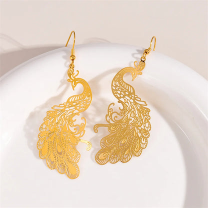 1 Pair Retro Simple Style Round Peacock Leaves Plating Stainless Steel 18k Gold Plated Drop Earrings