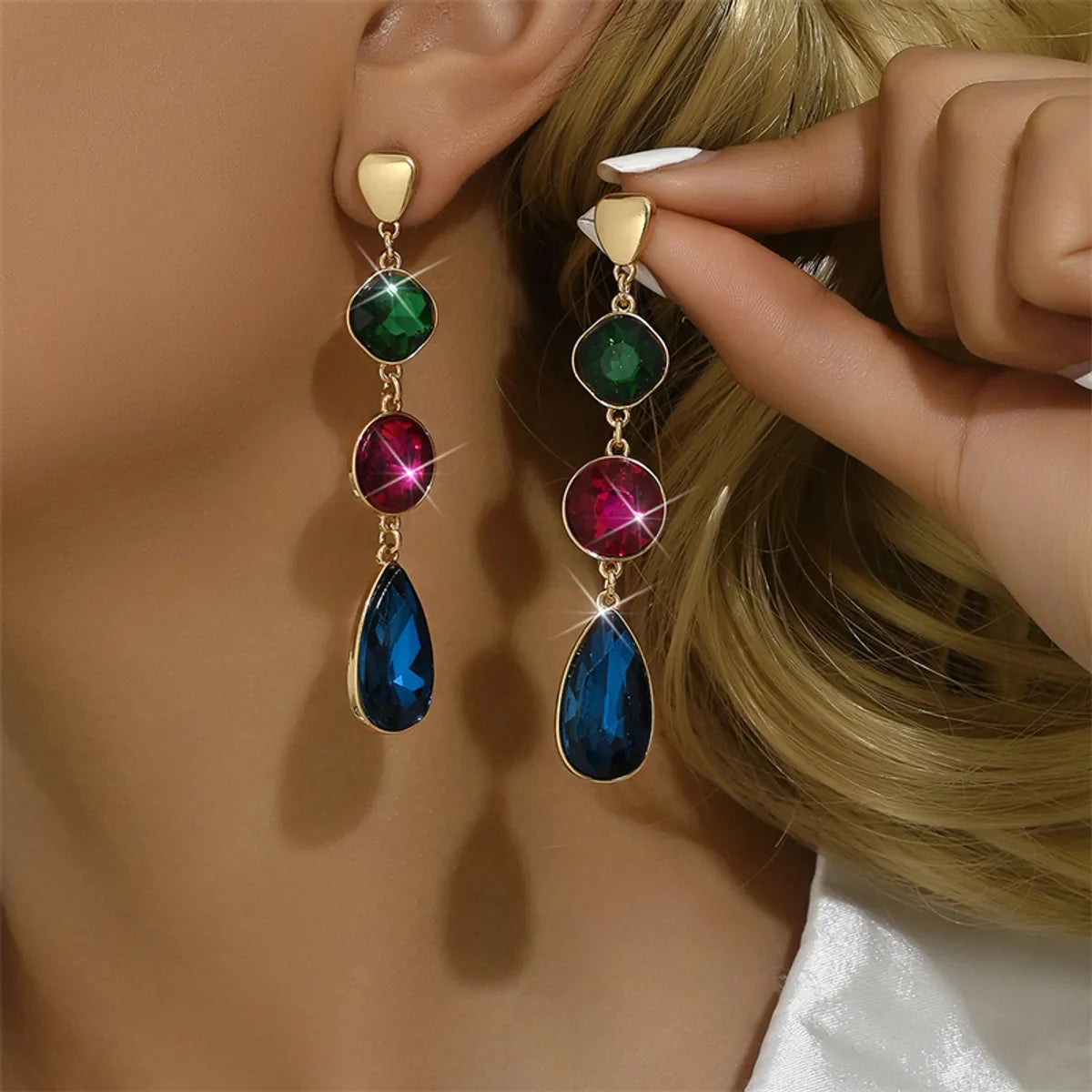 1 Pair Retro Simple Style Round Water Droplets Inlay Alloy Glass Drop Earrings