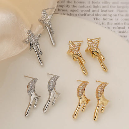 1 Pair Retro Simple Style Star Moon Plating Inlay Copper Zircon Ear Studs