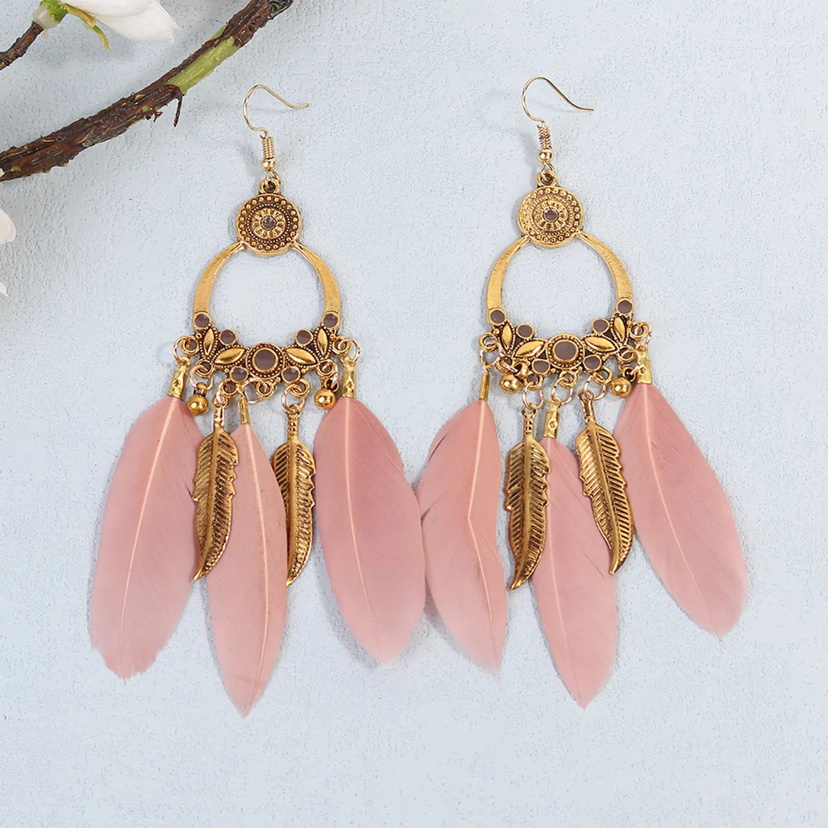 1 Pair Retro Simple Style Tassel Plating Alloy Feather Drop Earrings