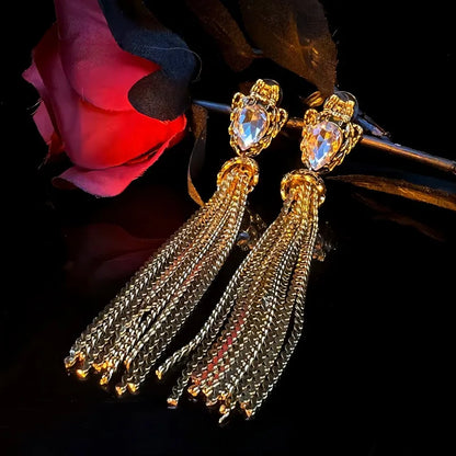 1 Pair Retro Simple Style Water Droplets Tassel Inlay Alloy Copper Rhinestones Drop Earrings