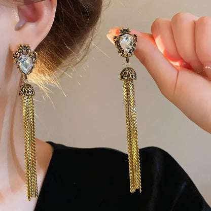 1 Pair Retro Simple Style Water Droplets Tassel Inlay Alloy Copper Rhinestones Drop Earrings