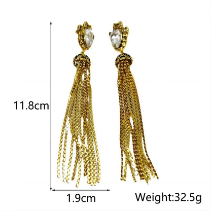 1 Pair Retro Simple Style Water Droplets Tassel Inlay Alloy Copper Rhinestones Drop Earrings