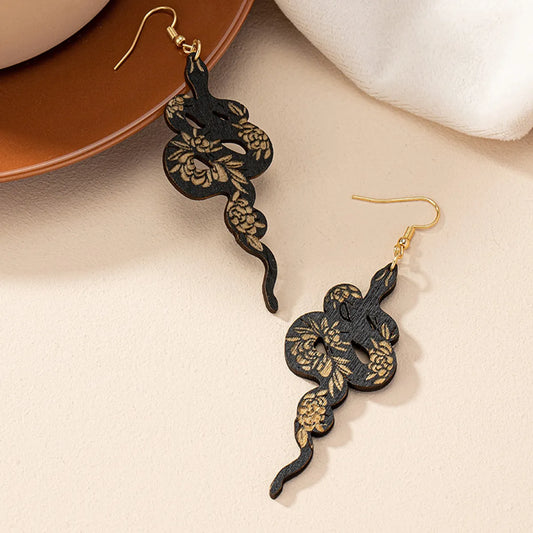 1 Pair Retro Snake Plating Wood Drop Earrings