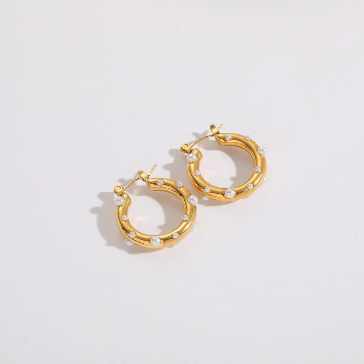 1 Pair Retro Solid Color Stainless Steel Plating Inlay Pearl Zircon Hoop Earrings