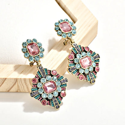 1 Pair Retro Square Inlay Alloy Crystal Drop Earrings