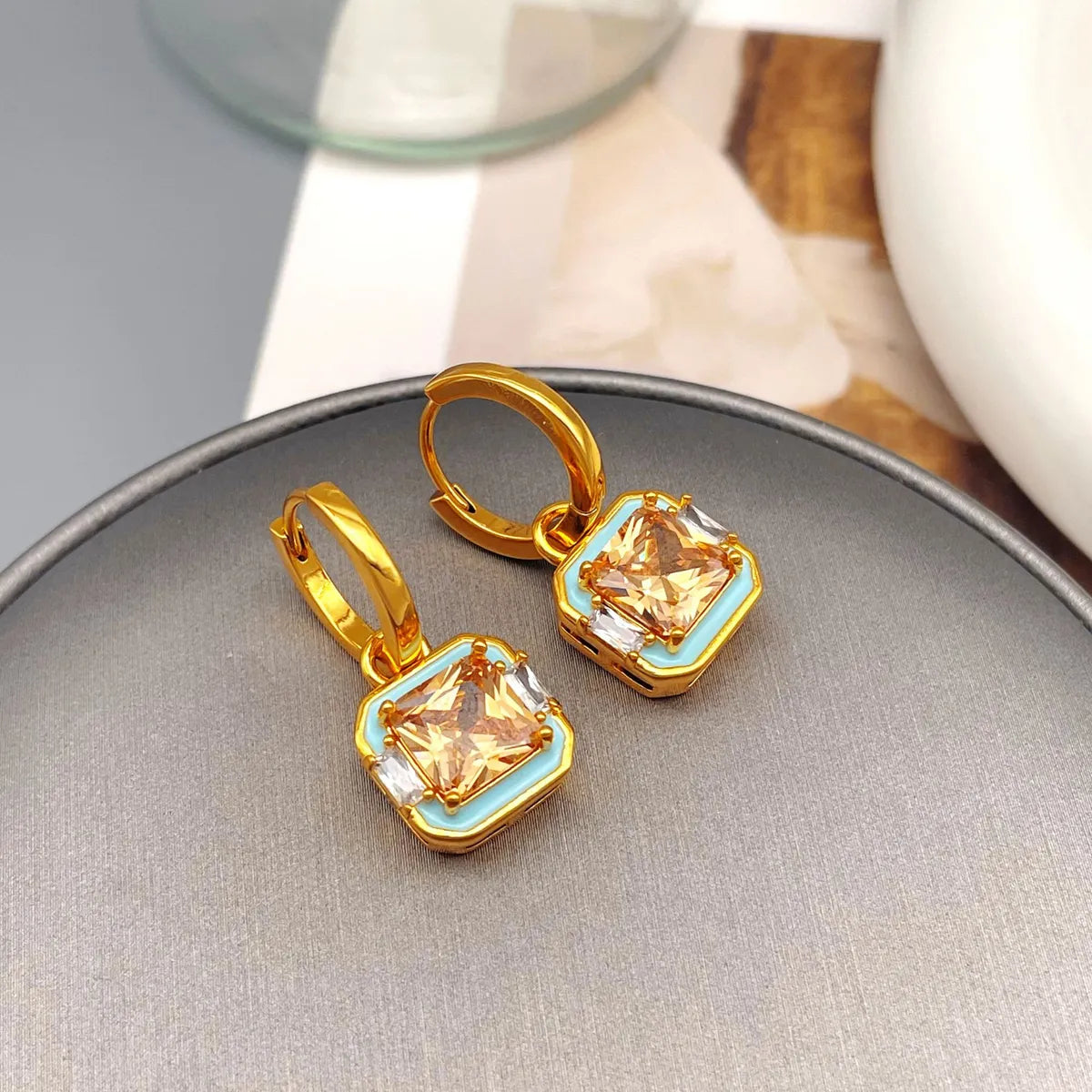 1 Pair Retro Square Inlay Brass Zircon Drop Earrings