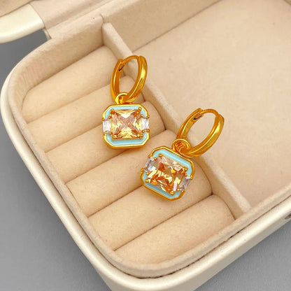 1 Pair Retro Square Inlay Brass Zircon Drop Earrings