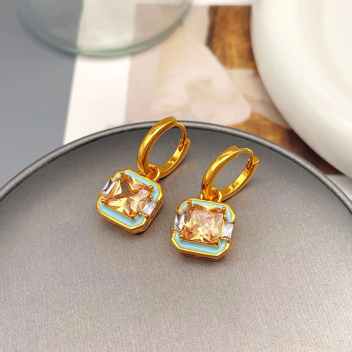 1 Pair Retro Square Inlay Brass Zircon Drop Earrings