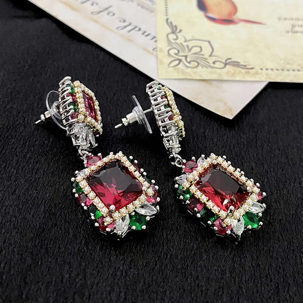 1 Pair Retro Square Inlay Copper Artificial Pearls Zircon Drop Earrings