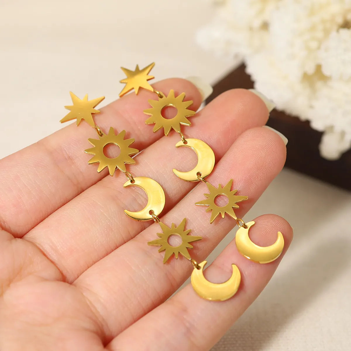 1 Pair Retro Star Moon Plating Inlay Titanium Steel 18k Gold Plated Drop Earrings