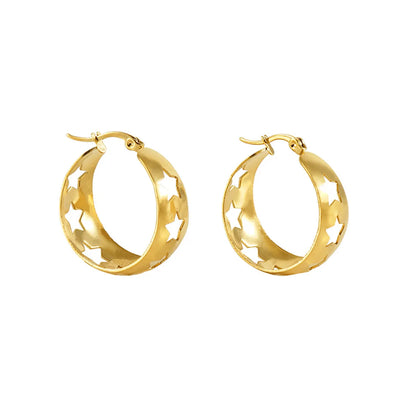 1 Pair Retro Star Hollow Out Stainless Steel 18k Gold Plated Hoop Earrings