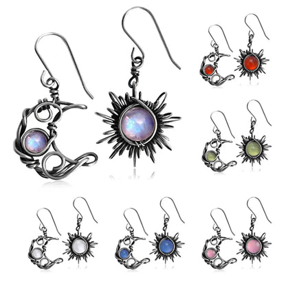 1 Pair Retro Streetwear Sun Moon Inlay Alloy Copper Resin Drop Earrings